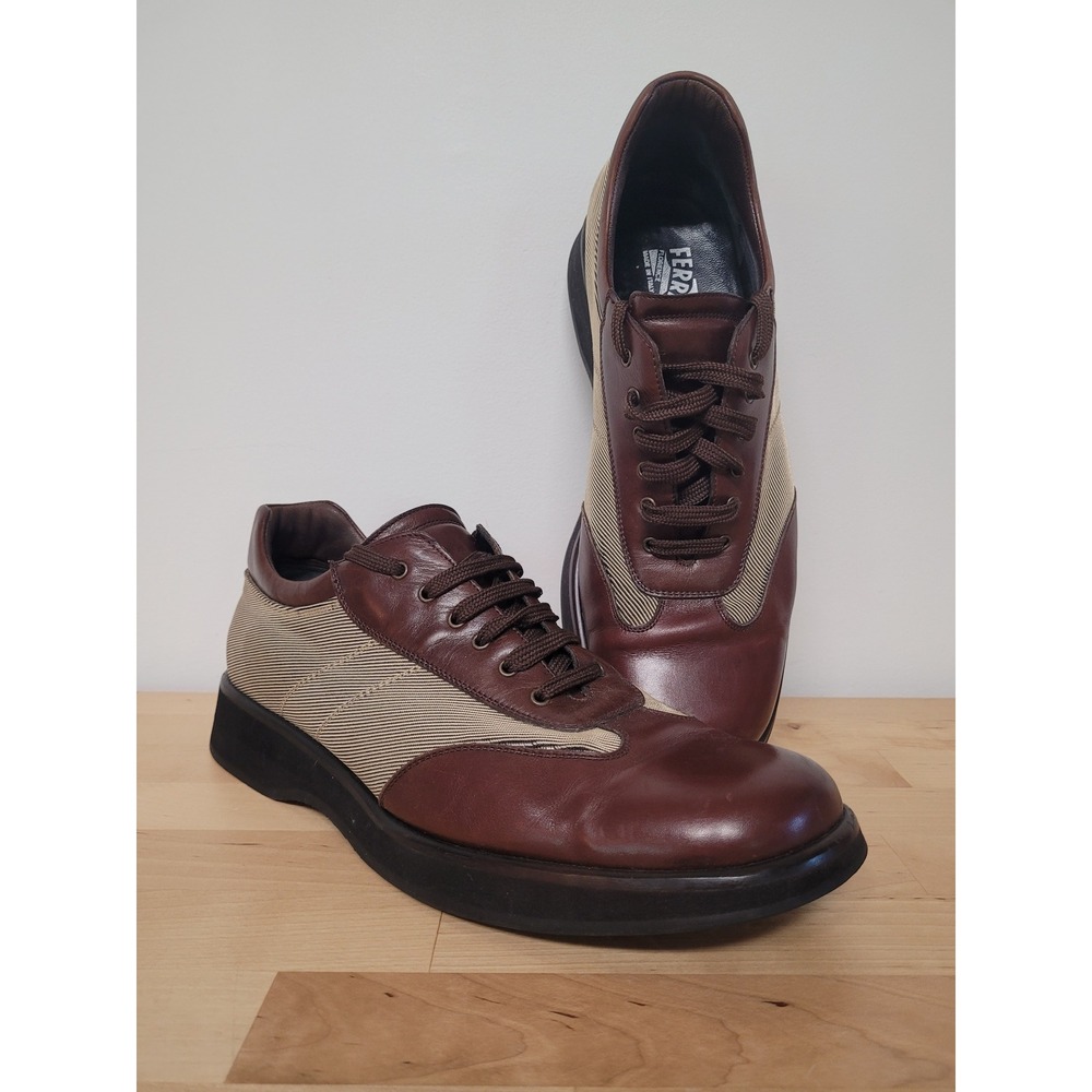 Salvatore Ferragamo Sport Shoes Mens 10.5 Brown Leather Canvas Lace Up Italy